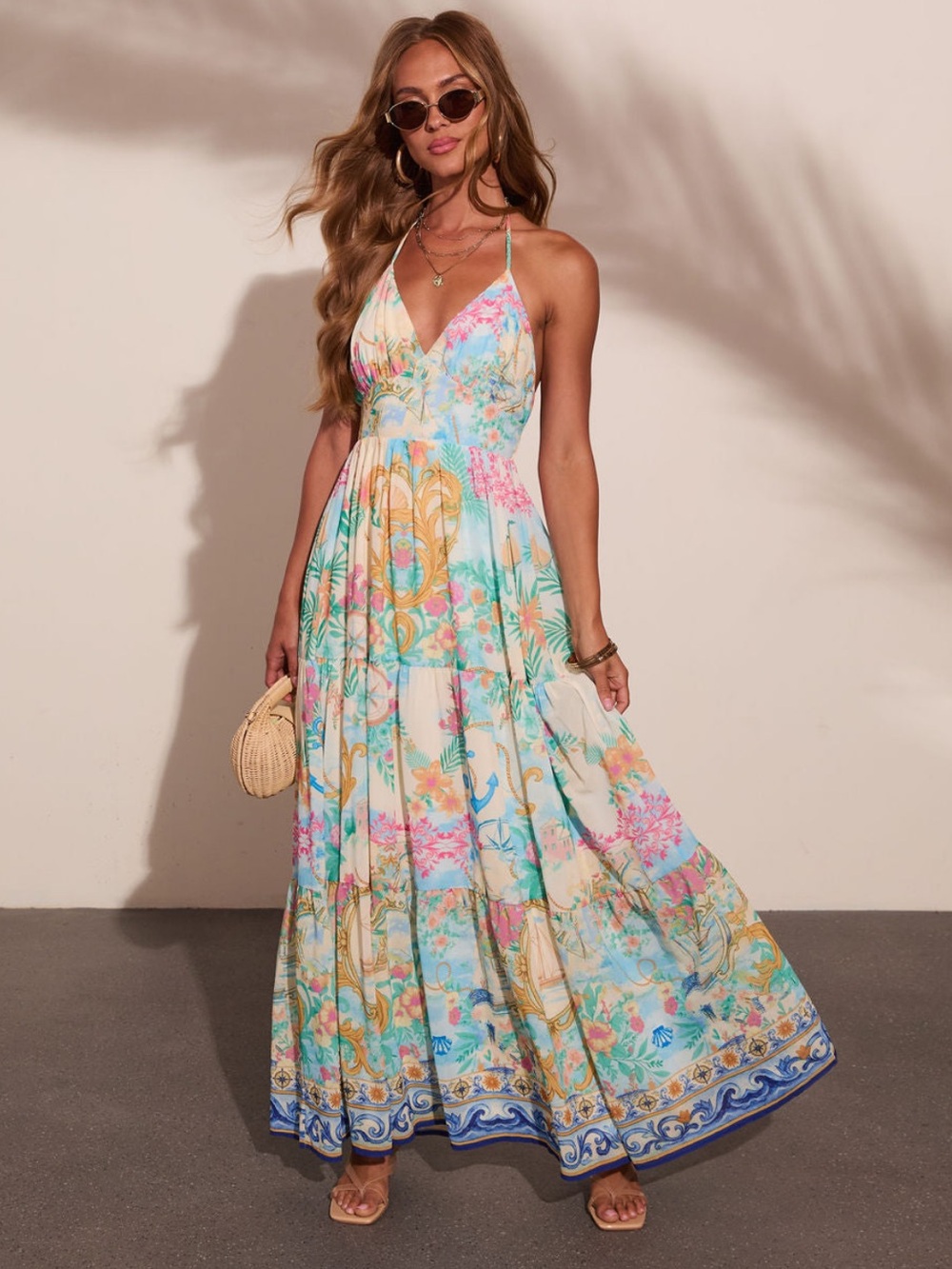 Vici Pastel Floral V-Neck Maxi Dress in Mint, Pink & Blue. New! - Picture 4 of 6